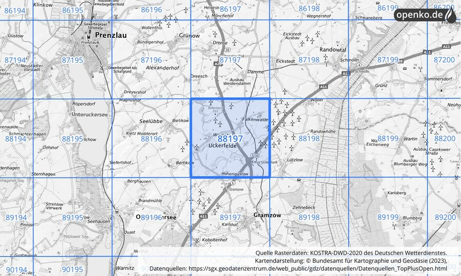 Übersichtskarte des KOSTRA-DWD-2020-Rasterfeldes Nr. 88197