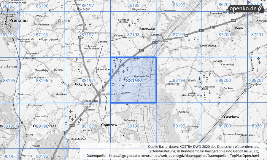 Übersichtskarte des KOSTRA-DWD-2020-Rasterfeldes Nr. 88198