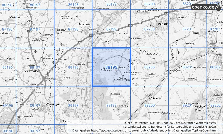 Übersichtskarte des KOSTRA-DWD-2020-Rasterfeldes Nr. 88199