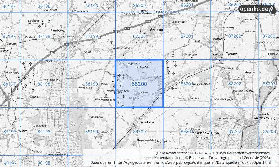 Übersichtskarte des KOSTRA-DWD-2020-Rasterfeldes Nr. 88200