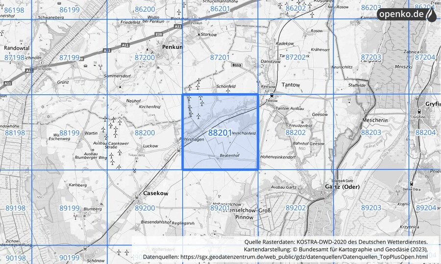 Übersichtskarte des KOSTRA-DWD-2020-Rasterfeldes Nr. 88201