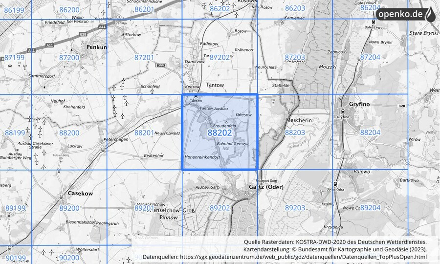 Übersichtskarte des KOSTRA-DWD-2020-Rasterfeldes Nr. 88202