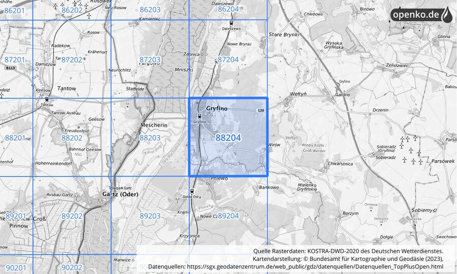 Übersichtskarte des KOSTRA-DWD-2020-Rasterfeldes Nr. 88204