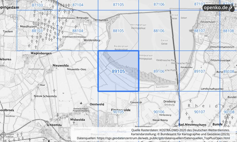 Übersichtskarte des KOSTRA-DWD-2020-Rasterfeldes Nr. 89105