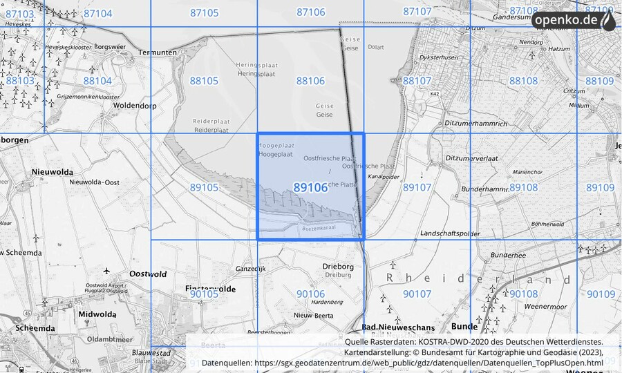 Übersichtskarte des KOSTRA-DWD-2020-Rasterfeldes Nr. 89106