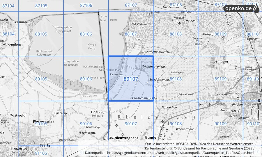 Übersichtskarte des KOSTRA-DWD-2020-Rasterfeldes Nr. 89107