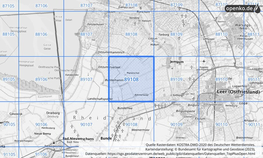 Übersichtskarte des KOSTRA-DWD-2020-Rasterfeldes Nr. 89108
