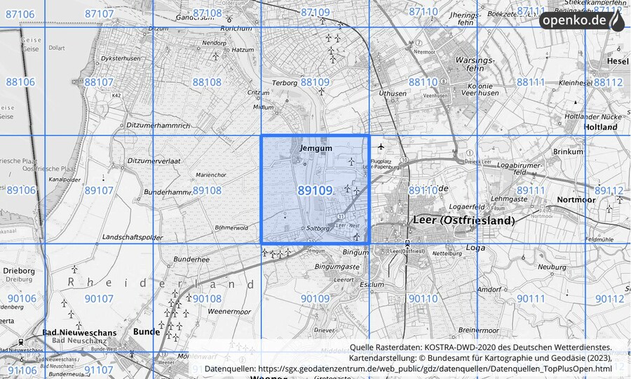 Übersichtskarte des KOSTRA-DWD-2020-Rasterfeldes Nr. 89109