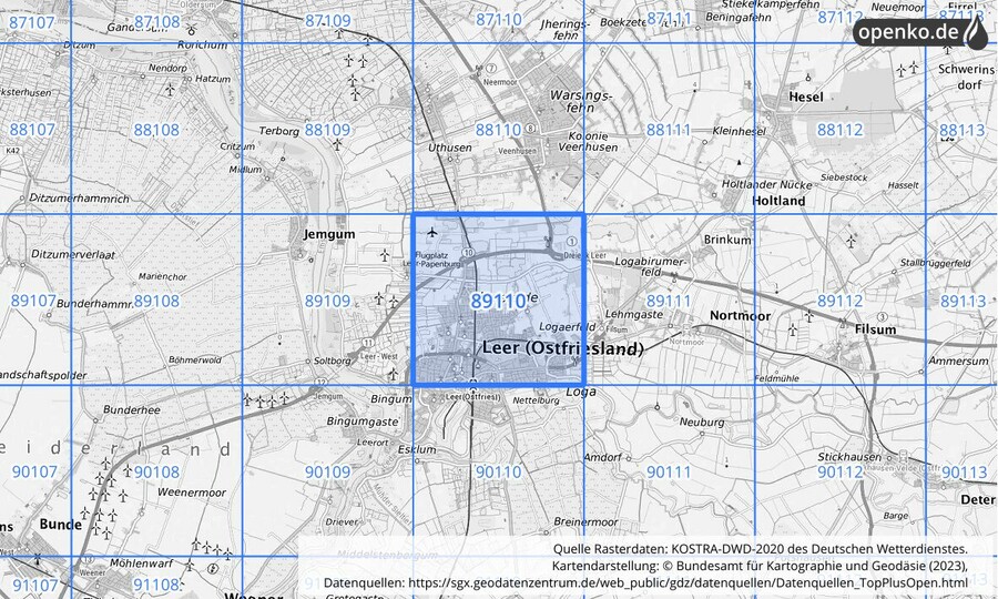Übersichtskarte des KOSTRA-DWD-2020-Rasterfeldes Nr. 89110