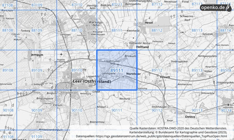 Übersichtskarte des KOSTRA-DWD-2020-Rasterfeldes Nr. 89111