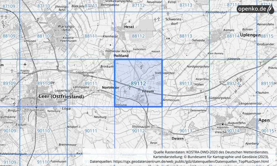 Übersichtskarte des KOSTRA-DWD-2020-Rasterfeldes Nr. 89112