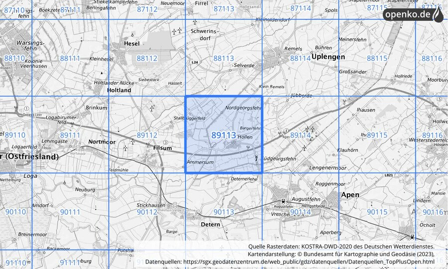 Übersichtskarte des KOSTRA-DWD-2020-Rasterfeldes Nr. 89113