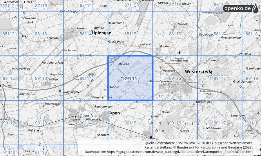 Übersichtskarte des KOSTRA-DWD-2020-Rasterfeldes Nr. 89115