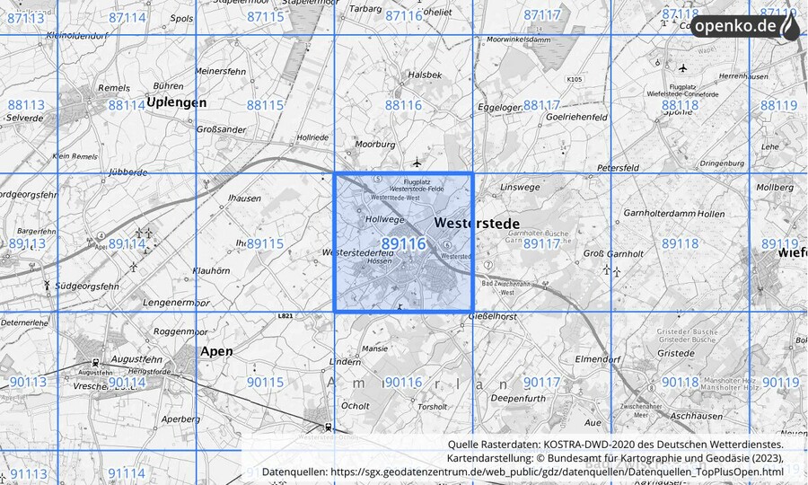 Übersichtskarte des KOSTRA-DWD-2020-Rasterfeldes Nr. 89116