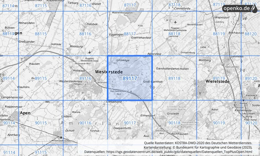 Übersichtskarte des KOSTRA-DWD-2020-Rasterfeldes Nr. 89117