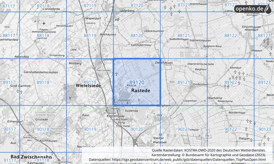 Übersichtskarte des KOSTRA-DWD-2020-Rasterfeldes Nr. 89120