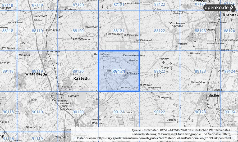 Übersichtskarte des KOSTRA-DWD-2020-Rasterfeldes Nr. 89121