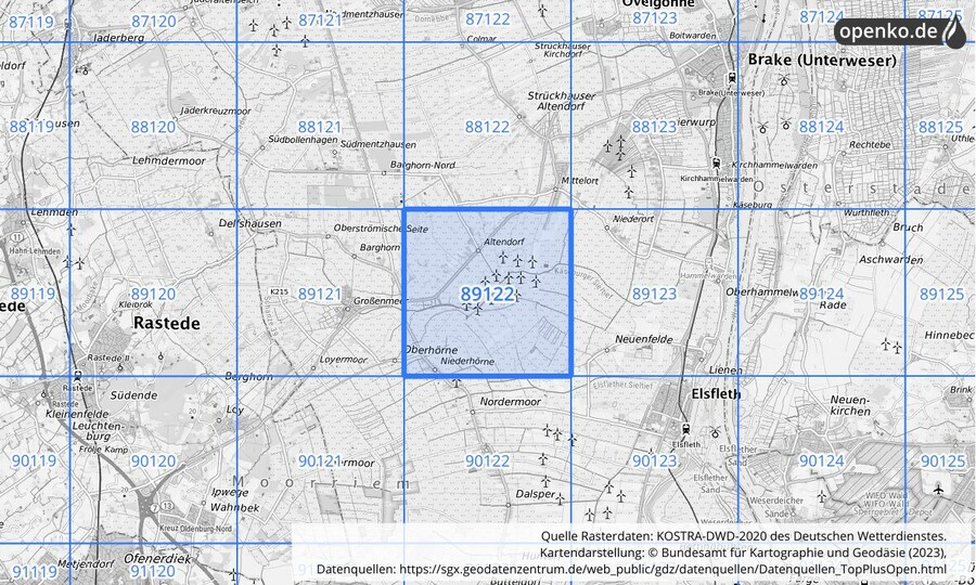 Übersichtskarte des KOSTRA-DWD-2020-Rasterfeldes Nr. 89122