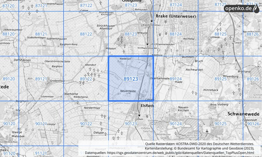 Übersichtskarte des KOSTRA-DWD-2020-Rasterfeldes Nr. 89123