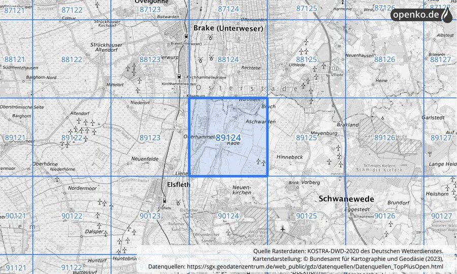 Übersichtskarte des KOSTRA-DWD-2020-Rasterfeldes Nr. 89124
