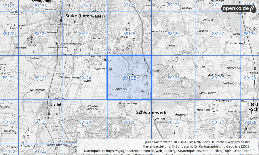 Übersichtskarte des KOSTRA-DWD-2020-Rasterfeldes Nr. 89125