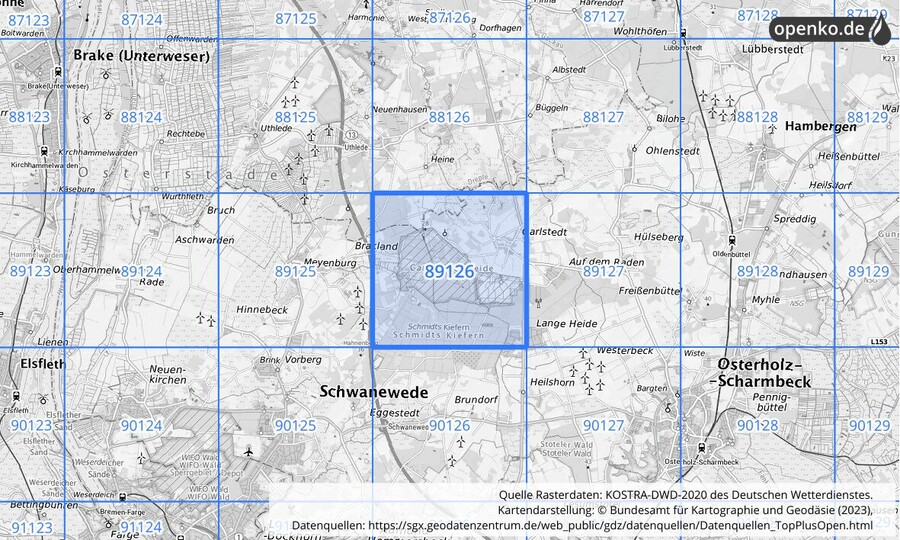 Übersichtskarte des KOSTRA-DWD-2020-Rasterfeldes Nr. 89126