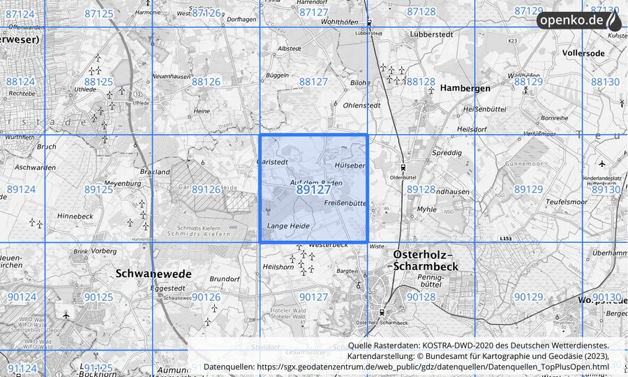 Übersichtskarte des KOSTRA-DWD-2020-Rasterfeldes Nr. 89127