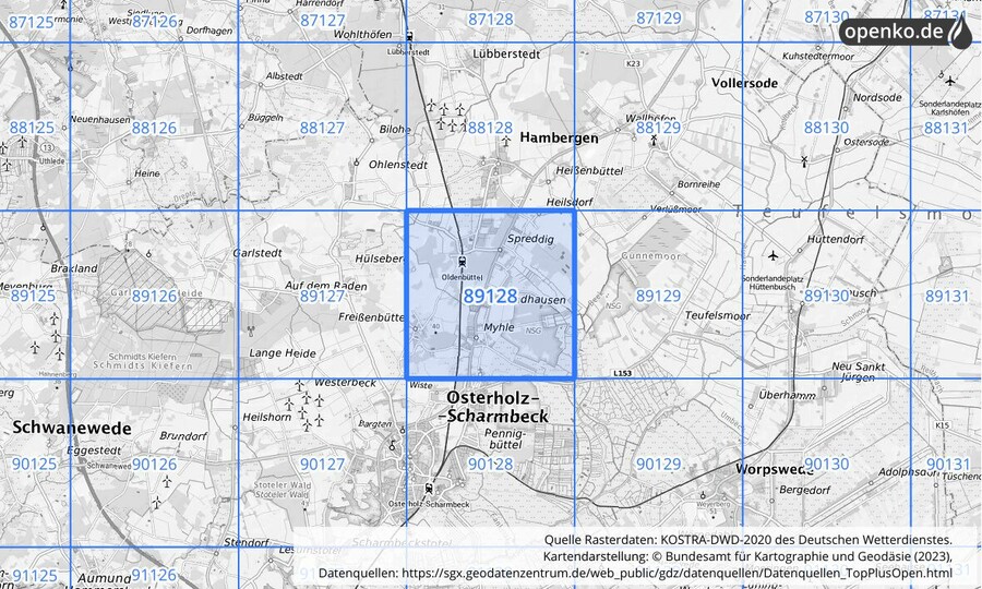 Übersichtskarte des KOSTRA-DWD-2020-Rasterfeldes Nr. 89128