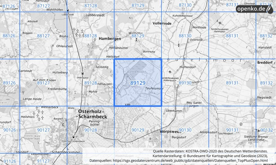 Übersichtskarte des KOSTRA-DWD-2020-Rasterfeldes Nr. 89129