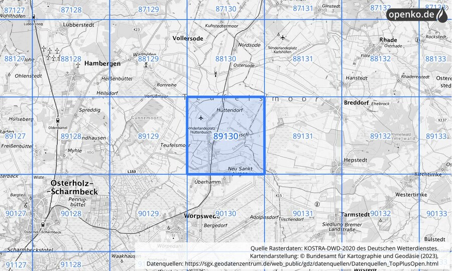 Übersichtskarte des KOSTRA-DWD-2020-Rasterfeldes Nr. 89130