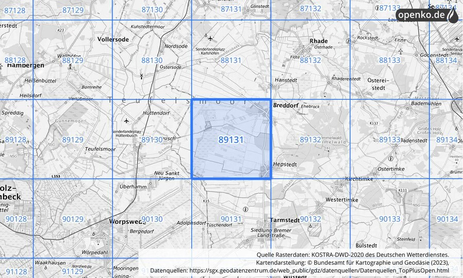 Übersichtskarte des KOSTRA-DWD-2020-Rasterfeldes Nr. 89131