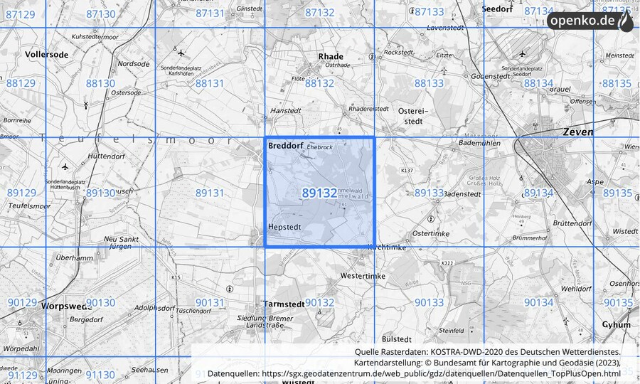 Übersichtskarte des KOSTRA-DWD-2020-Rasterfeldes Nr. 89132