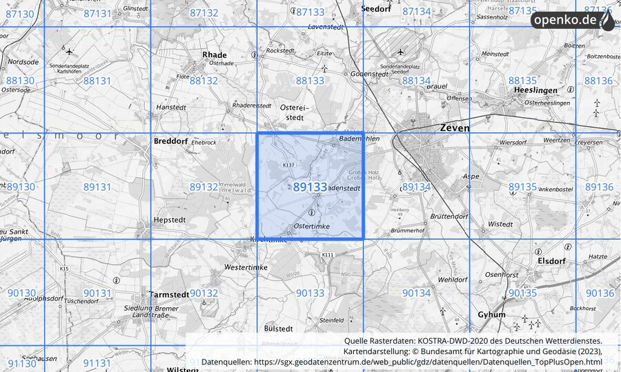 Übersichtskarte des KOSTRA-DWD-2020-Rasterfeldes Nr. 89133