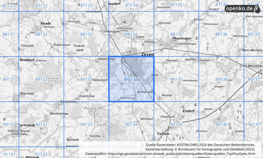 Übersichtskarte des KOSTRA-DWD-2020-Rasterfeldes Nr. 89134