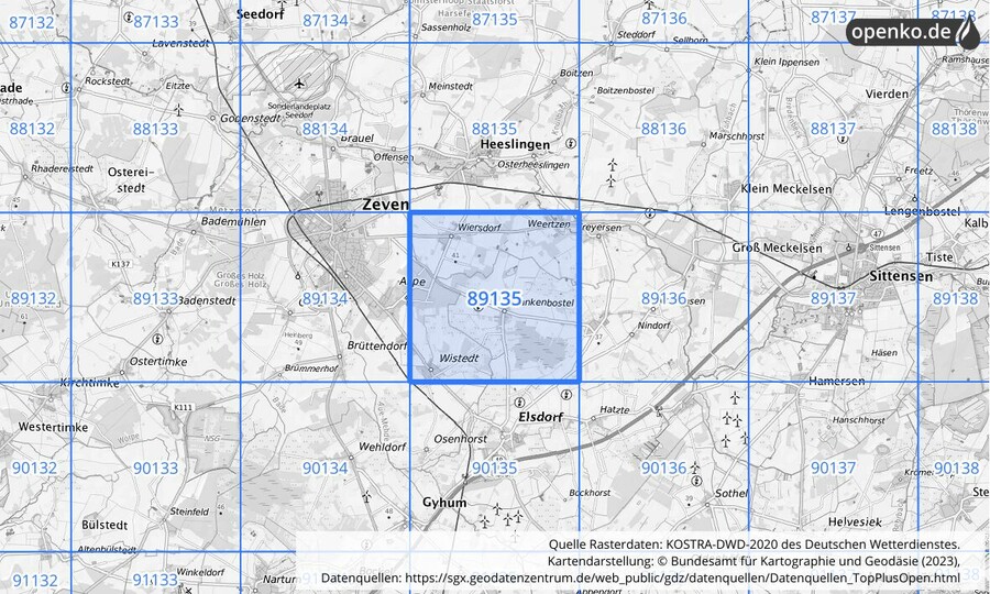 Übersichtskarte des KOSTRA-DWD-2020-Rasterfeldes Nr. 89135