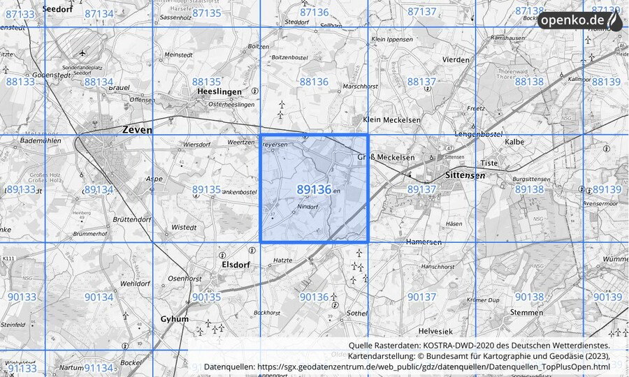 Übersichtskarte des KOSTRA-DWD-2020-Rasterfeldes Nr. 89136