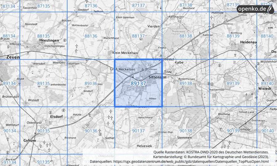 Übersichtskarte des KOSTRA-DWD-2020-Rasterfeldes Nr. 89137