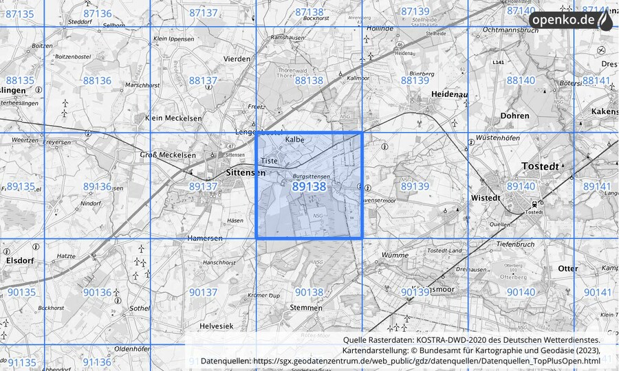 Übersichtskarte des KOSTRA-DWD-2020-Rasterfeldes Nr. 89138