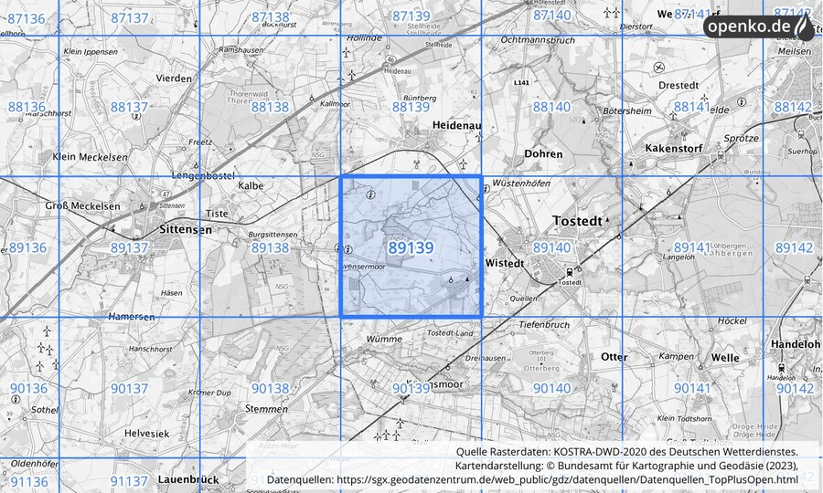 Übersichtskarte des KOSTRA-DWD-2020-Rasterfeldes Nr. 89139