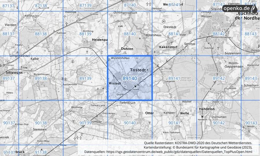Übersichtskarte des KOSTRA-DWD-2020-Rasterfeldes Nr. 89140