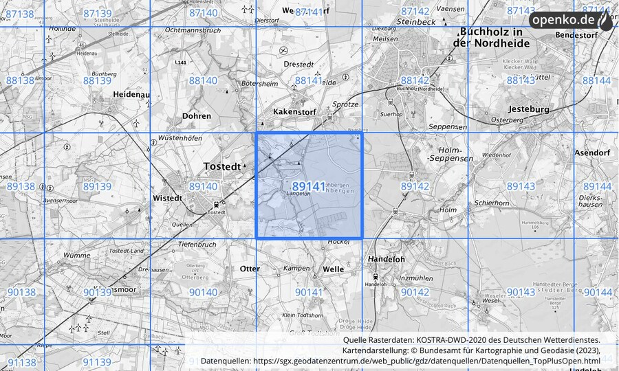 Übersichtskarte des KOSTRA-DWD-2020-Rasterfeldes Nr. 89141