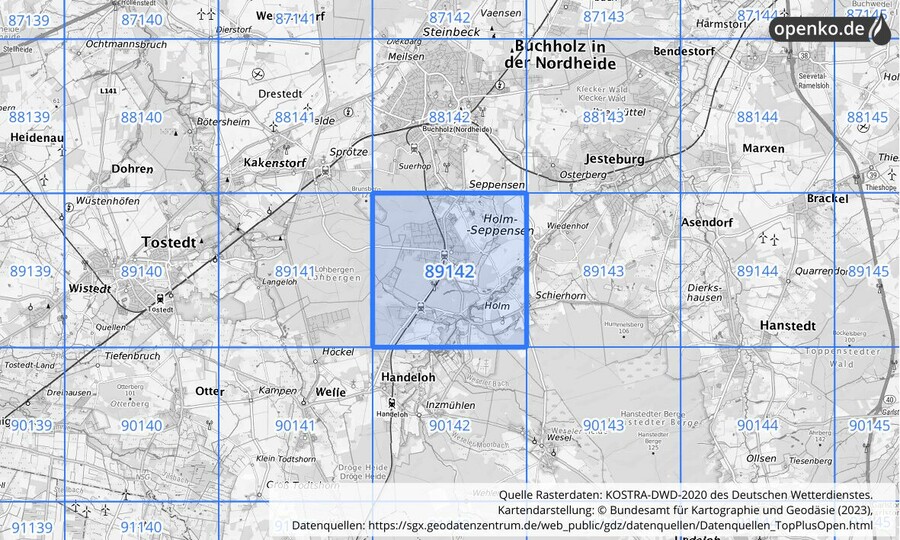 Übersichtskarte des KOSTRA-DWD-2020-Rasterfeldes Nr. 89142