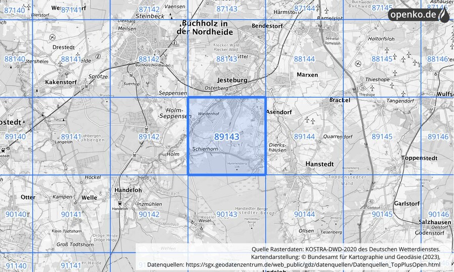 Übersichtskarte des KOSTRA-DWD-2020-Rasterfeldes Nr. 89143