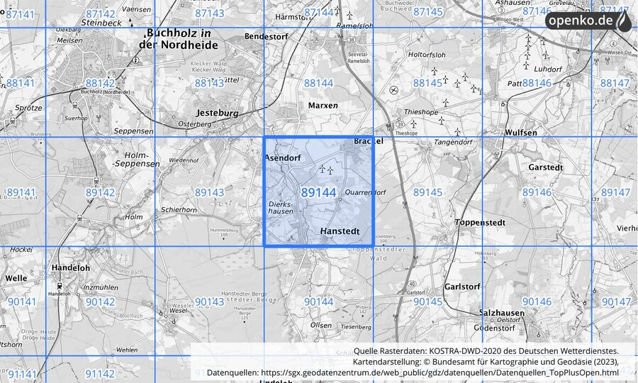 Übersichtskarte des KOSTRA-DWD-2020-Rasterfeldes Nr. 89144