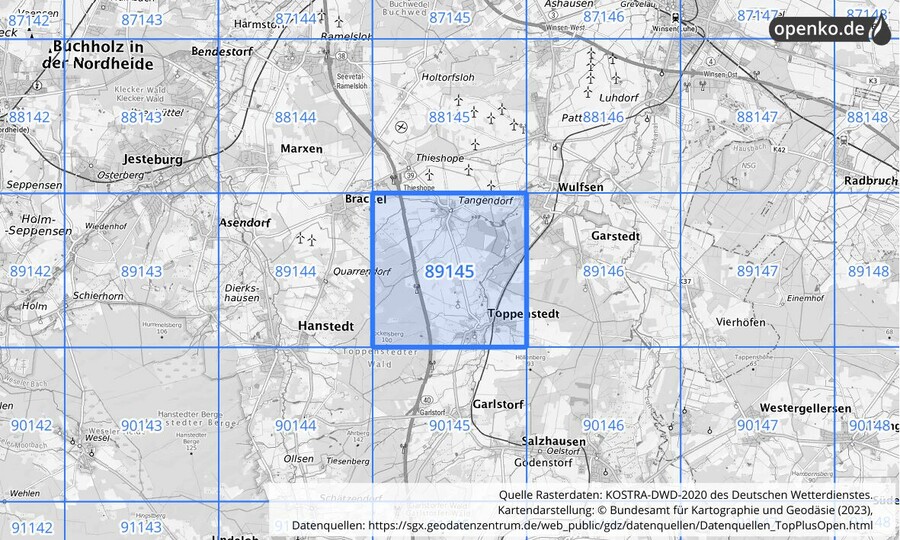 Übersichtskarte des KOSTRA-DWD-2020-Rasterfeldes Nr. 89145