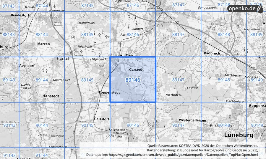 Übersichtskarte des KOSTRA-DWD-2020-Rasterfeldes Nr. 89146