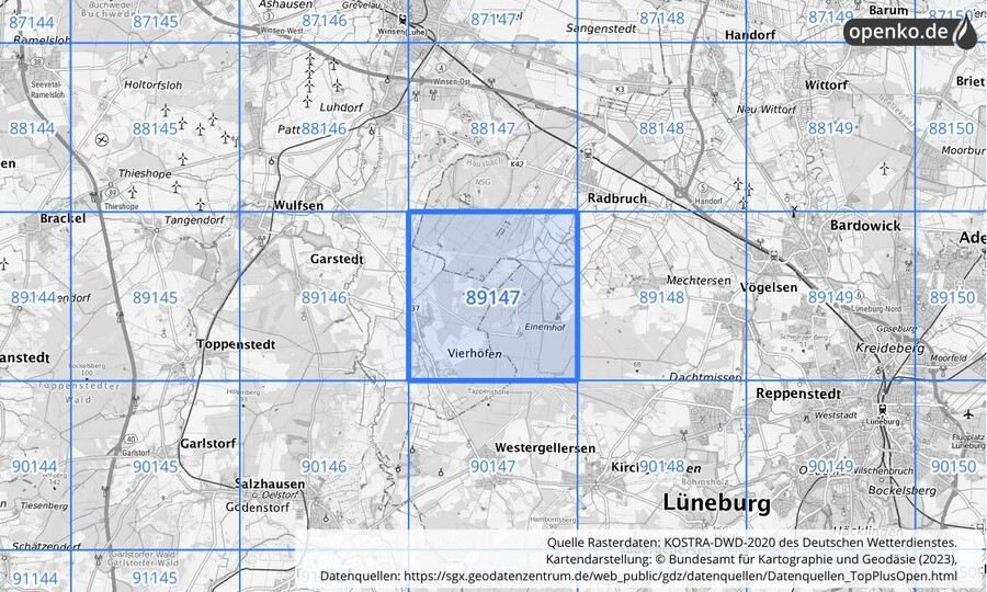 Übersichtskarte des KOSTRA-DWD-2020-Rasterfeldes Nr. 89147