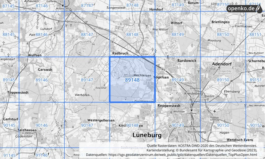 Übersichtskarte des KOSTRA-DWD-2020-Rasterfeldes Nr. 89148