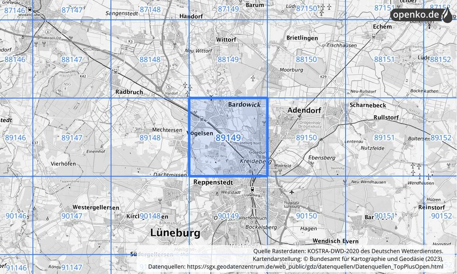 Übersichtskarte des KOSTRA-DWD-2020-Rasterfeldes Nr. 89149