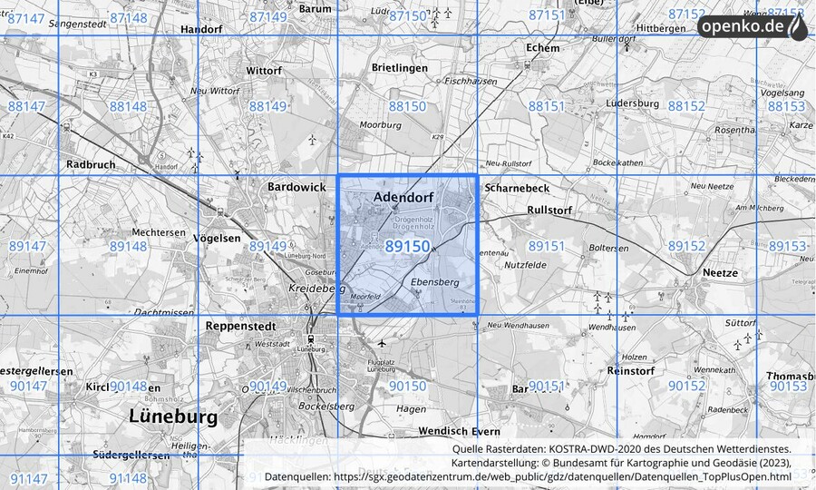 Übersichtskarte des KOSTRA-DWD-2020-Rasterfeldes Nr. 89150